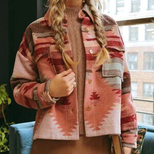 Boho Aztec Print Button Front Jacket Shacket Pink Rust